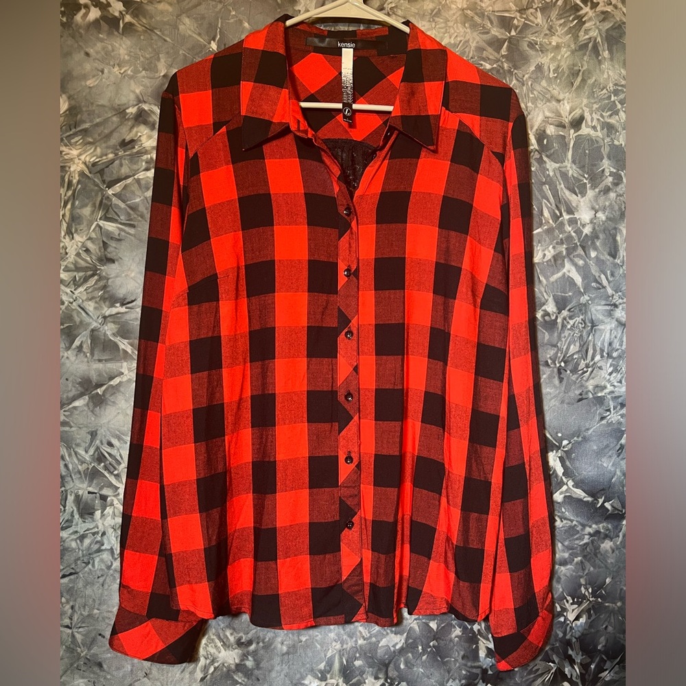 Kensie long sleeve plaid black & red checkered flannel with back black lace